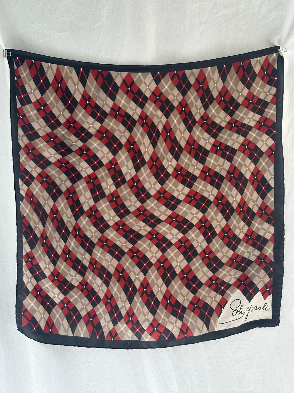 Vintage Schiaparelli 100% Silk Scarf Argyle Plaid Hand Rolled Red Black Taupe